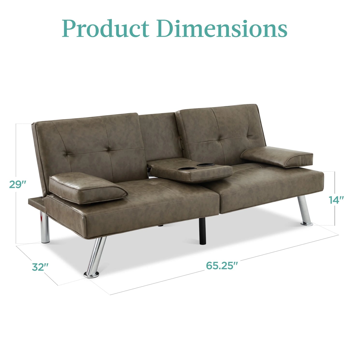Modern Faux Leather Convertible Futon Sofa W/ Removable Armrests, 2 Cupholders - Gray