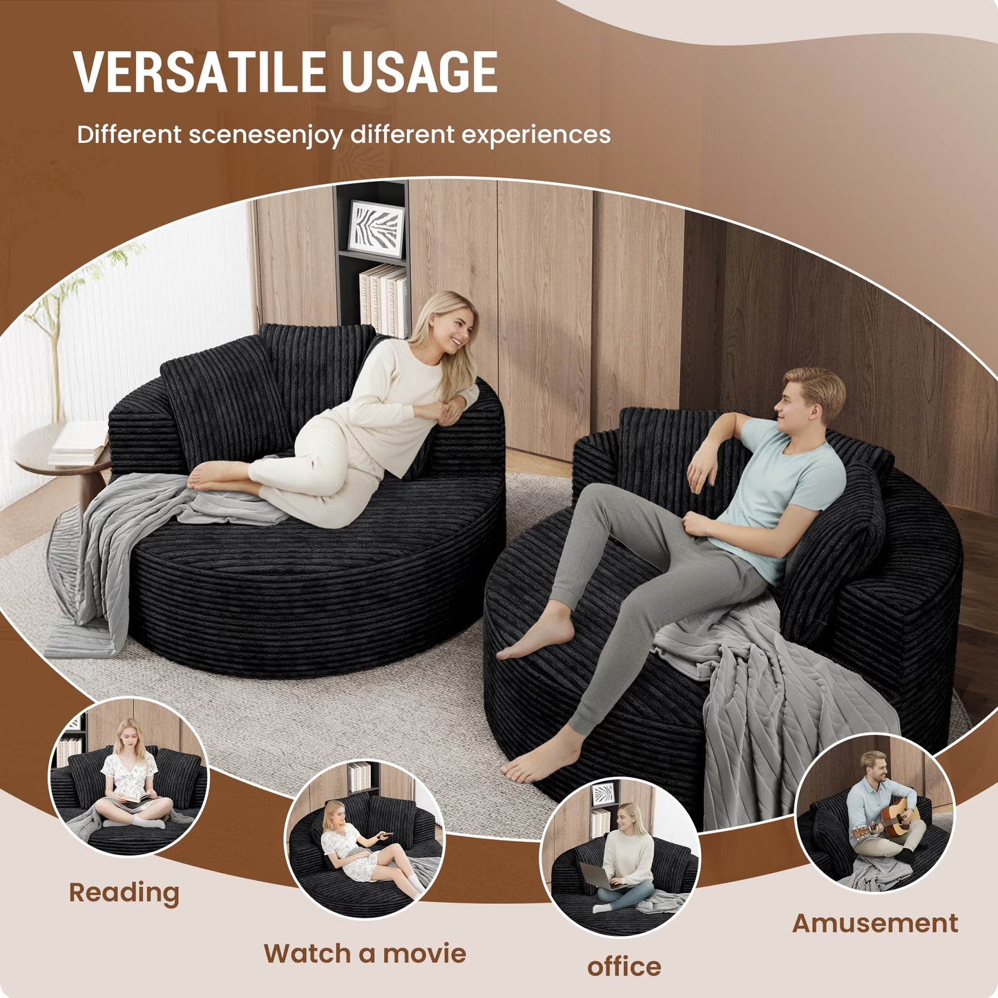 Magic Home Modern Lazy Sofa Foam Couch Sectional Sofa Togo Sofa Floor Sofa for Bedroom,Living Room,Apartment and Small Space,Single Seat Sofa,Black