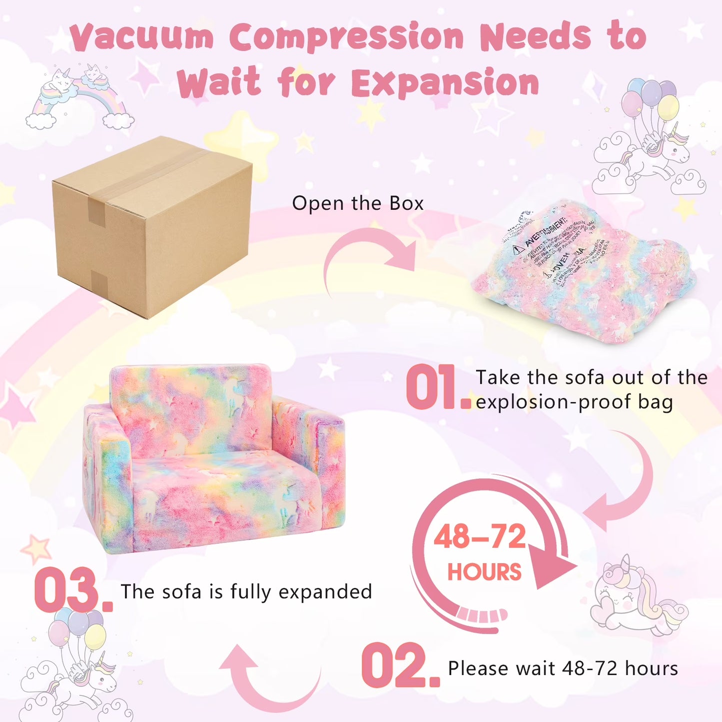 Glow-In-The-Dark Unicorn Toddler Sofa, 2-In-1 Foldable Plush Chair & Lounger for Kids Boys & Girls, Removable Washable Cover