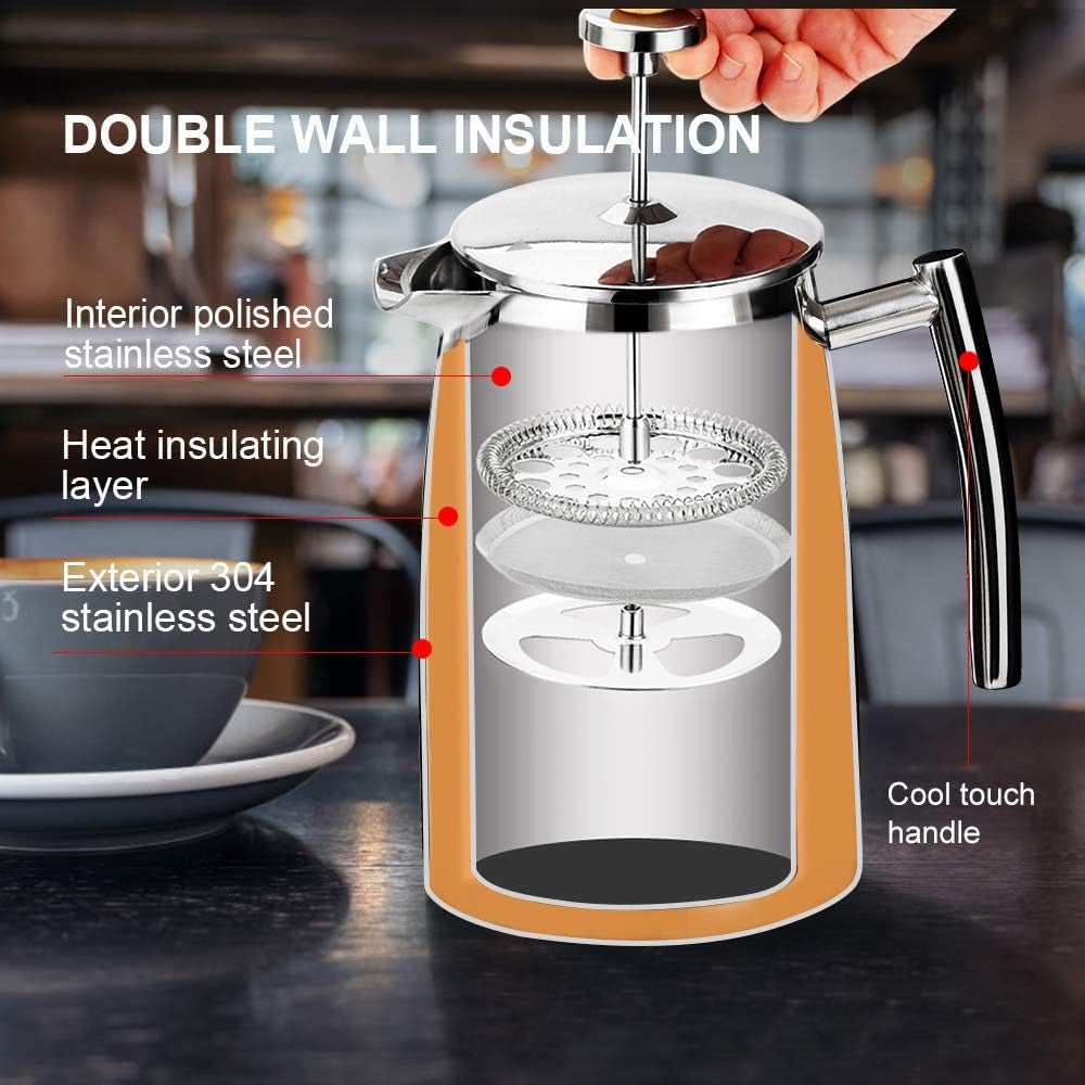 French Press Coffee Maker, 50-Ounce, 304 Stainless Steel Insulated Coffee Press with Extra Screen