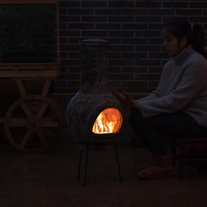 Outdoor Stoney Grey Clay Chimenea Scribbled Design Fire Pit with Metal Stand