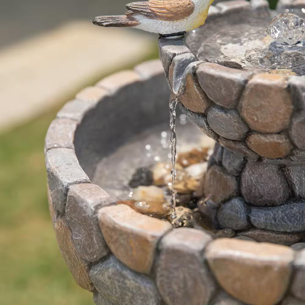 24.41 In. H Outdoor Polyresin 2-Tierd Stone-Like Birdbath Fountain
