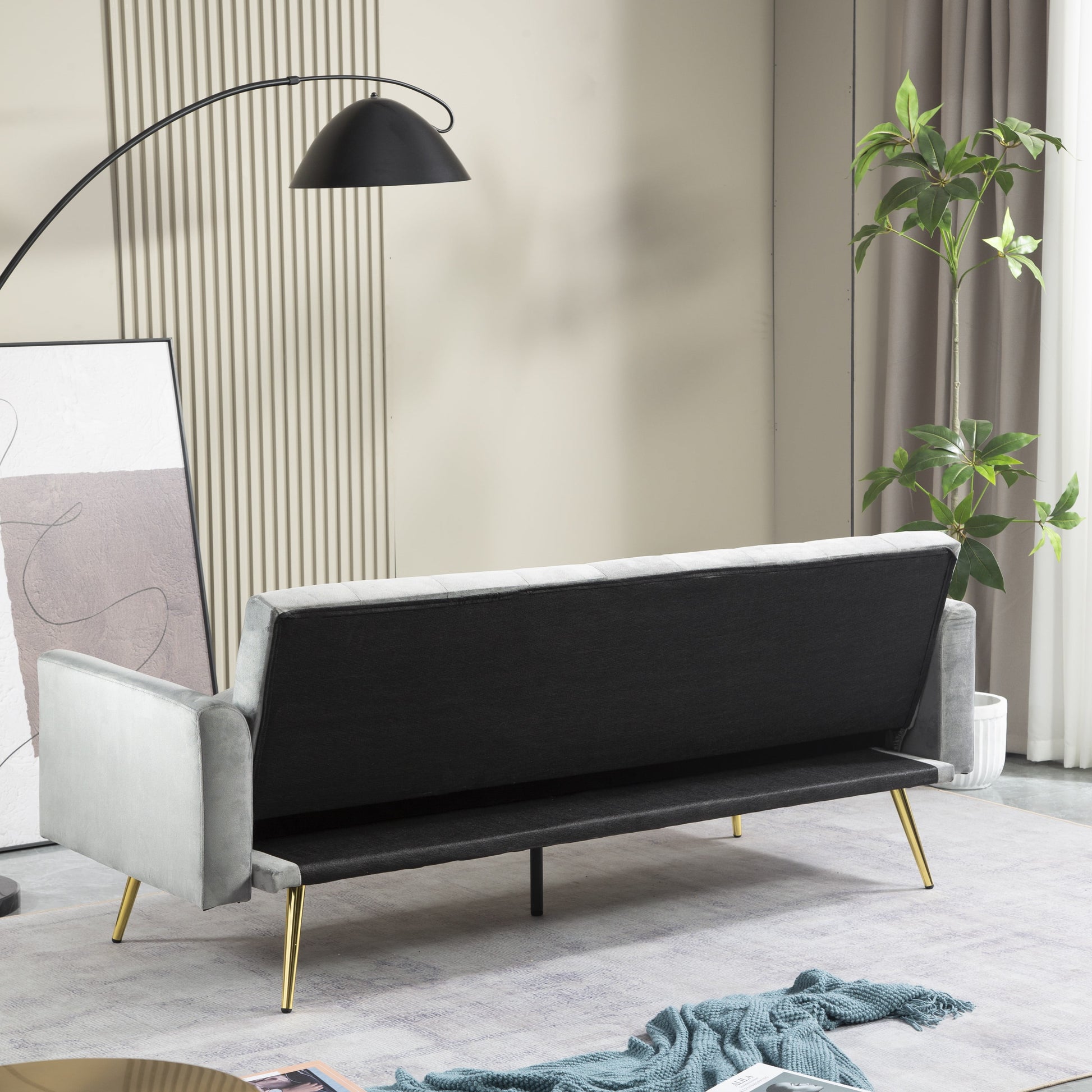 71 Inches Velvet Futon Sofa Bed with 2 Pillows,Modern Convertible Futon Couch with 3 Adjustable Backrest Angles and Gold Metal Feet,Suitable for Apartment,Living Room,Small Space,Gray