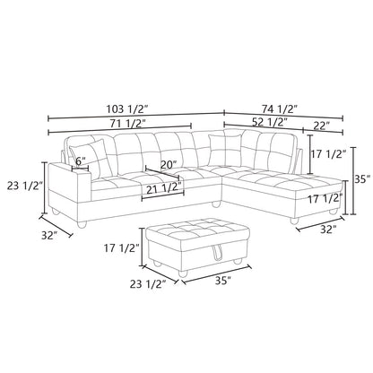 Flannel and PVC Sectional Sofa Couch Living Room Furniture Sets, Modern L Shaped Sectional Sofa Set, Red(No Ottoman)