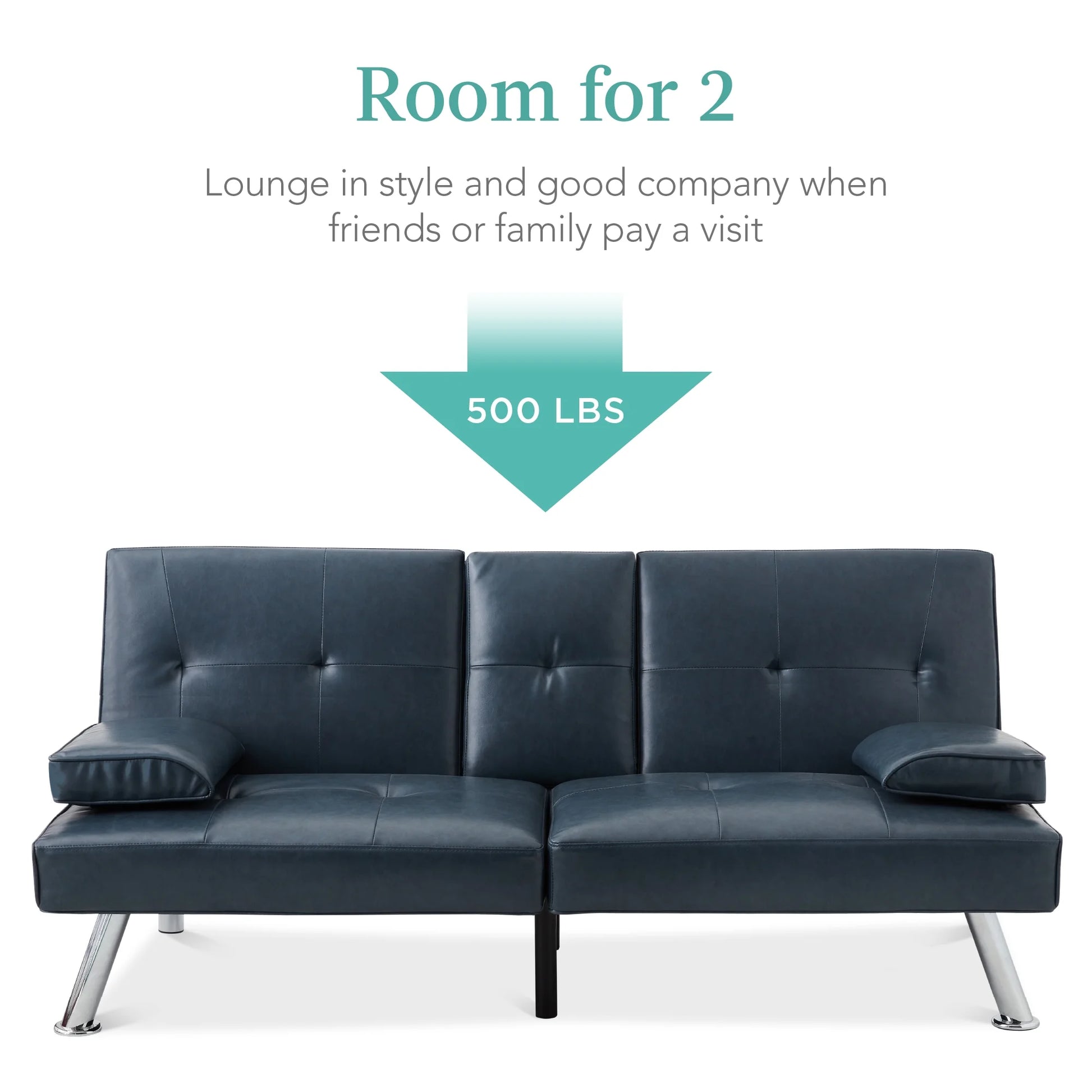 Modern Faux Leather Convertible Futon Sofa W/ Removable Armrests, 2 Cupholders - Blue