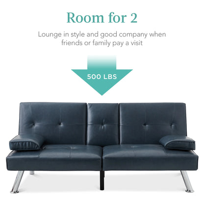 Modern Faux Leather Convertible Futon Sofa W/ Removable Armrests, 2 Cupholders - Blue