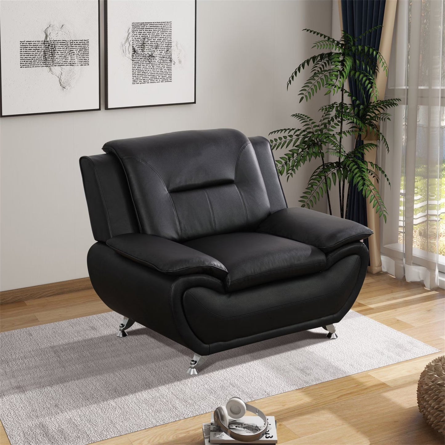 3 Piece Sofa Set - 46" Wide Upholstered Sofa Couch Armchair, Leather, Black