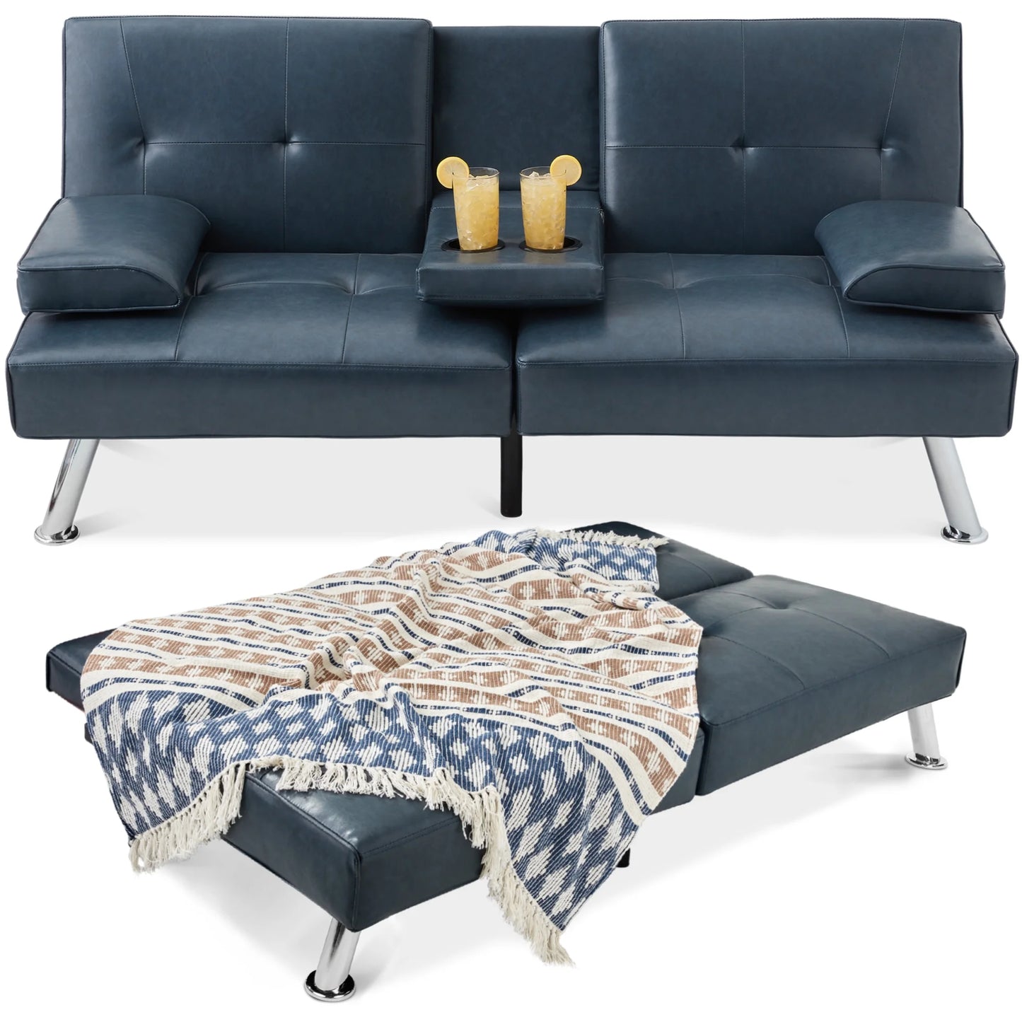 Modern Faux Leather Convertible Futon Sofa W/ Removable Armrests, 2 Cupholders - Blue