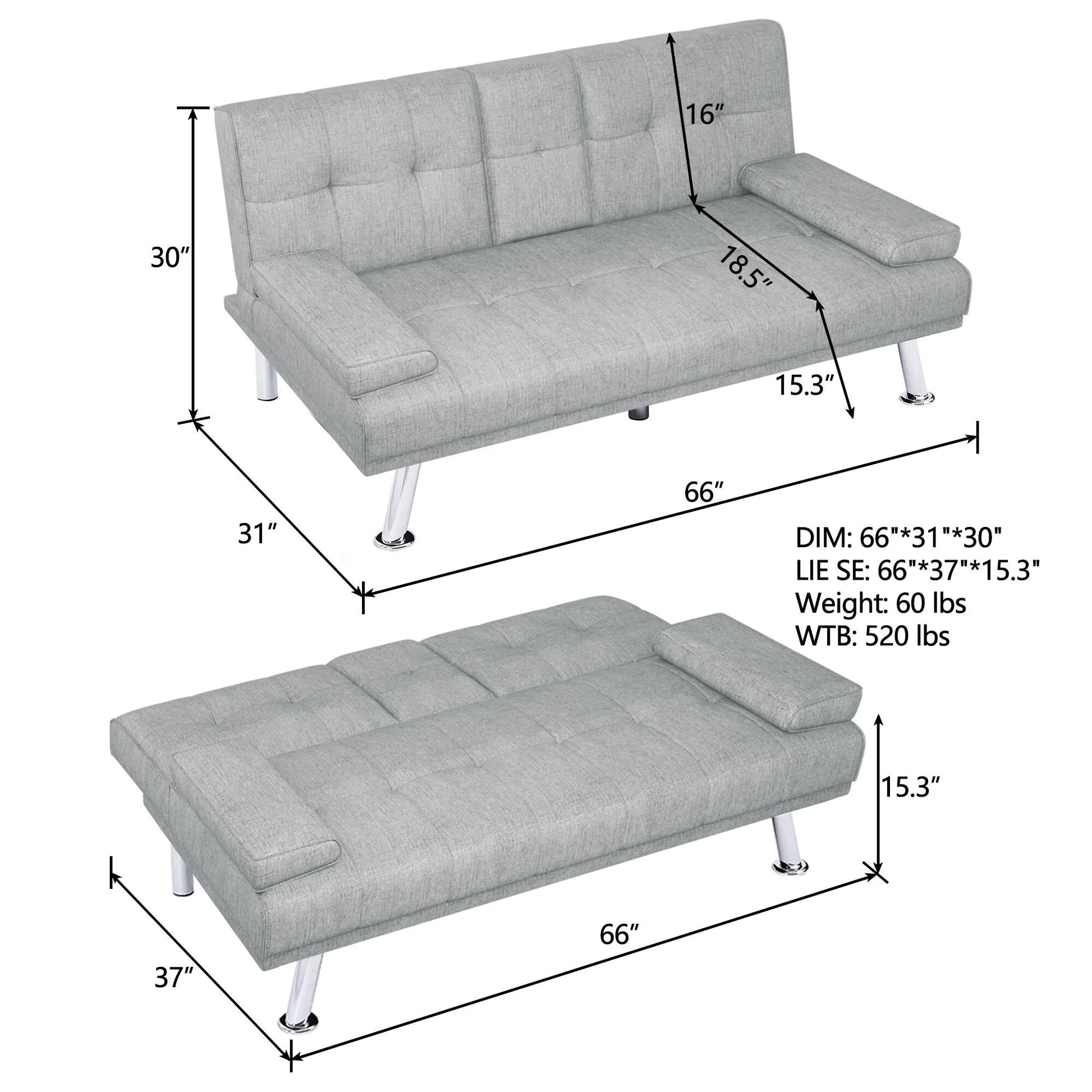 Modern Wood Convertible Futon Frame with Cupholders, Light Gray