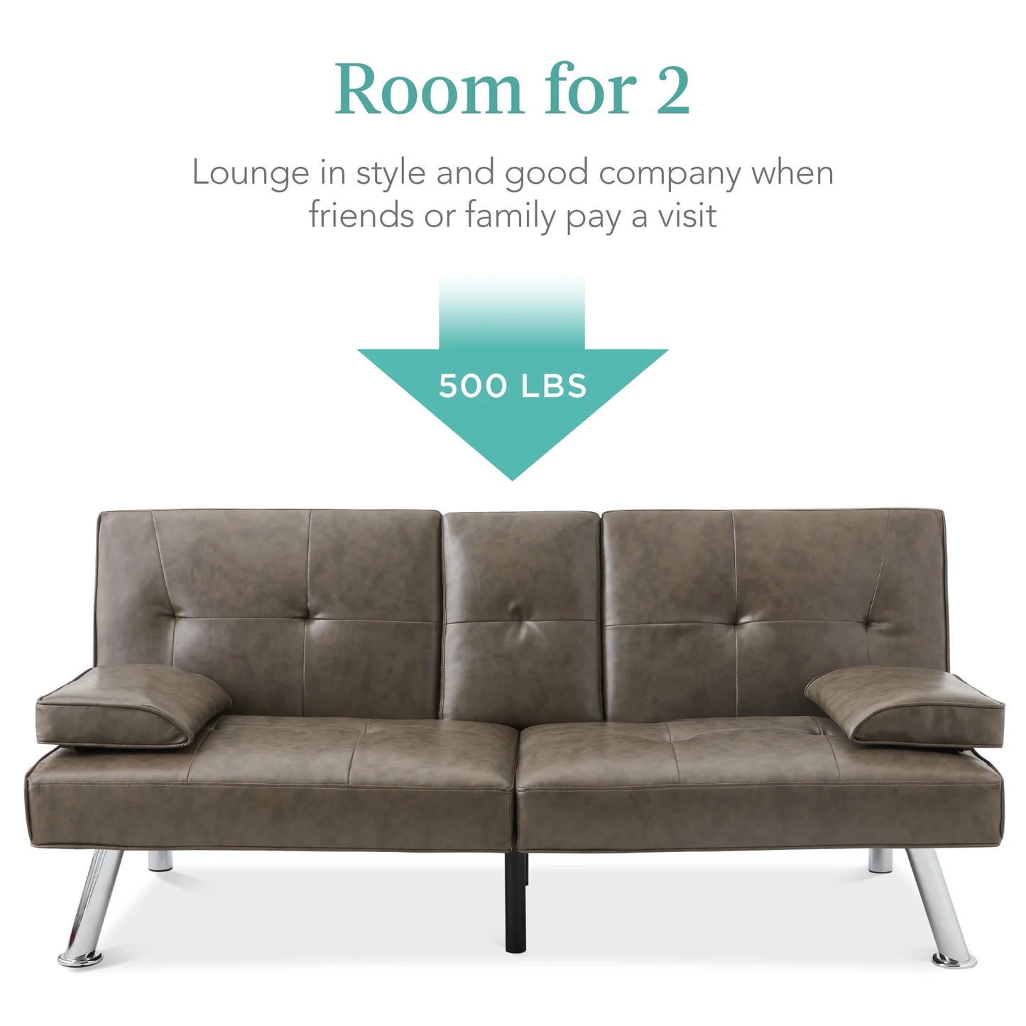 Modern Faux Leather Convertible Futon Sofa W/ Removable Armrests, 2 Cupholders - Gray