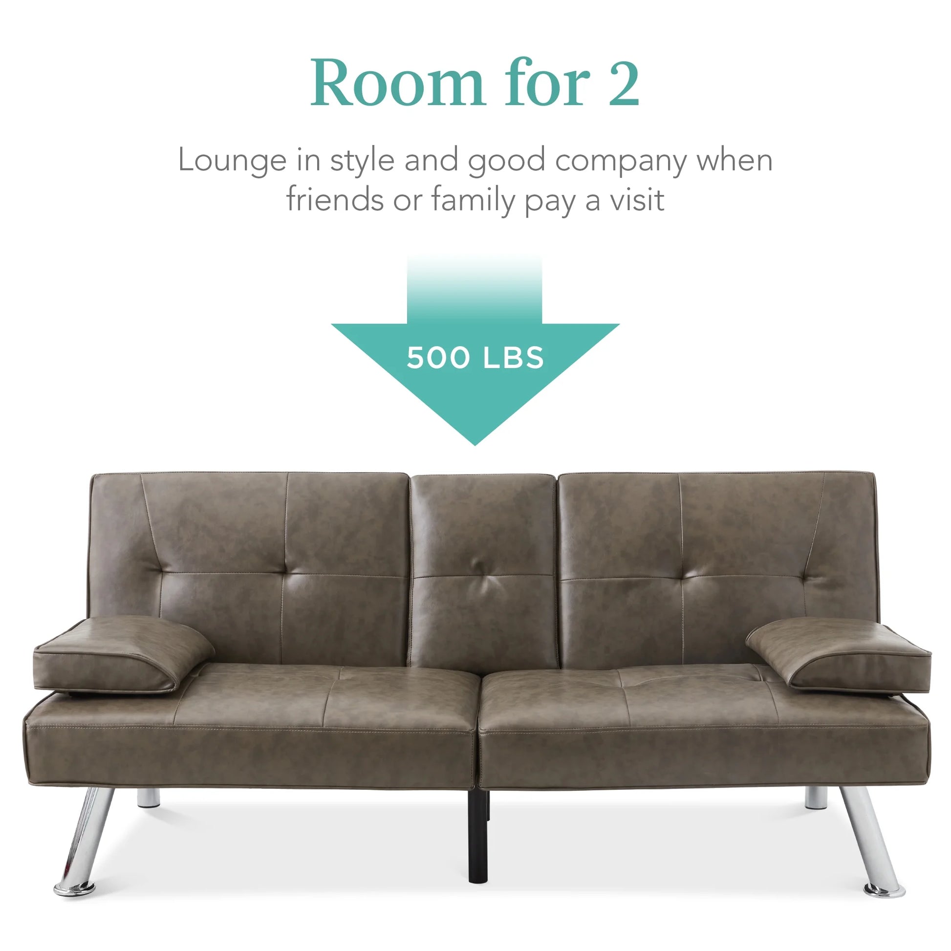 Modern Faux Leather Convertible Futon Sofa W/ Removable Armrests, 2 Cupholders - Gray