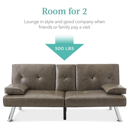 Modern Faux Leather Convertible Futon Sofa W/ Removable Armrests, 2 Cupholders - Gray