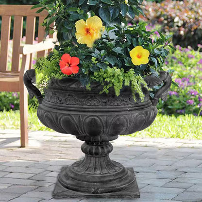 24-1/4 In. X 21 In. X 19-1/4 In. Cast Stone Fiberglass Urn with Handles in Aged Charcoal