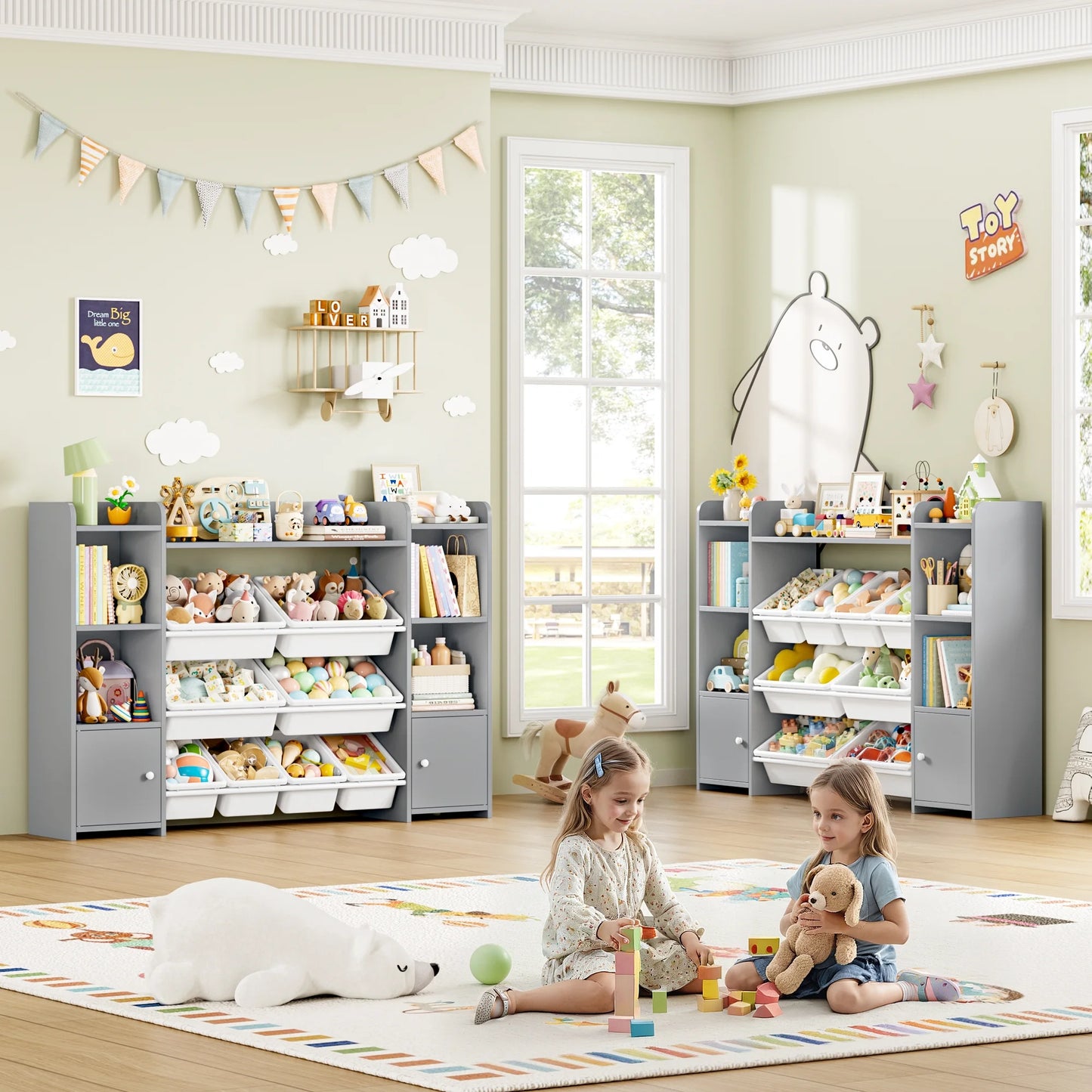 Kids Toy Organization Cubby Bookcase with 8 Bin, 2 Door Gray Storage Organizer Bookshelf for Children Room Playroom