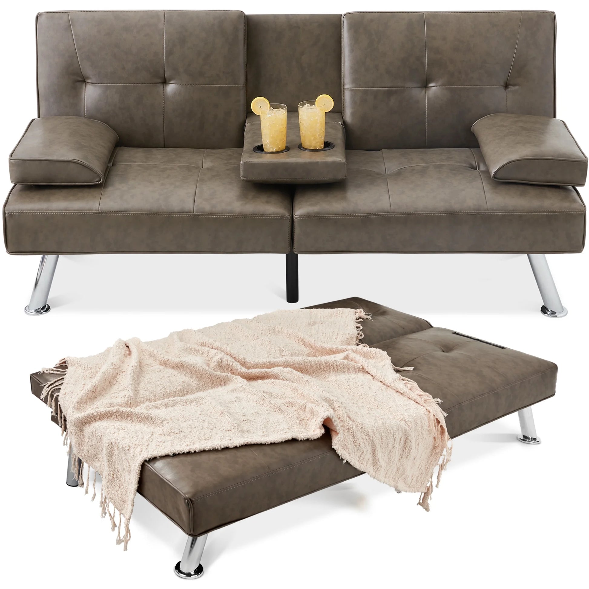 Modern Faux Leather Convertible Futon Sofa W/ Removable Armrests, 2 Cupholders - Gray