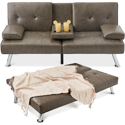 Modern Faux Leather Convertible Futon Sofa W/ Removable Armrests, 2 Cupholders - Gray