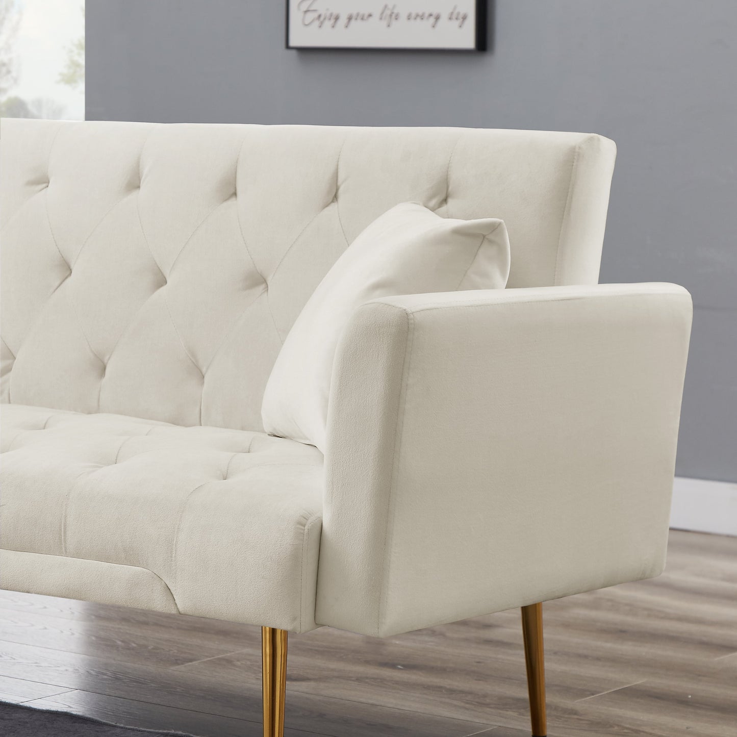 71 Inches Velvet Futon Sofa Bed with 2 Pillows,Modern Convertible Futon Couch with 3 Adjustable Backrest Angles and Gold Metal Feet,Suitable for Apartment,Living Room,Small Space,Beige