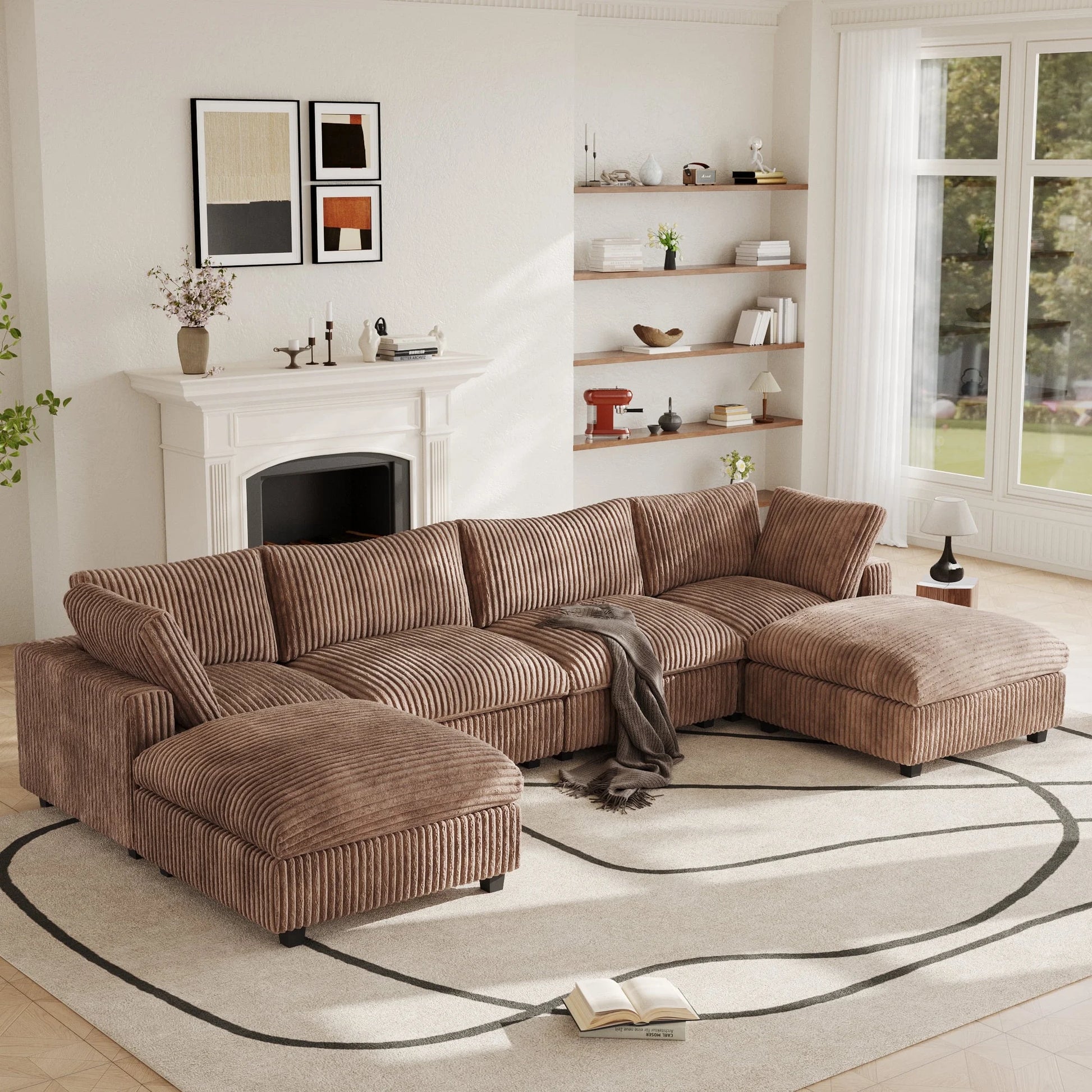 Modular Sectional Sofa,Oversized U Shaped Sofa with Ottomans,Plush Deep Seat Cloud Sofa Couch for Living Room,Apartment, Couch Cushion Covers Removable ( Brown, 4 Seat with 2 Ottomans)