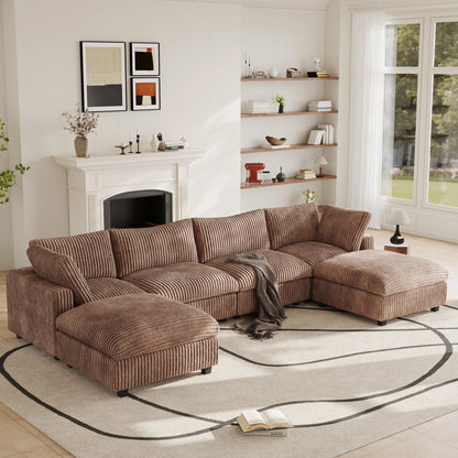 Modular Sectional Sofa,Oversized U Shaped Sofa with Ottomans,Plush Deep Seat Cloud Sofa Couch for Living Room,Apartment, Couch Cushion Covers Removable ( Brown, 4 Seat with 2 Ottomans)