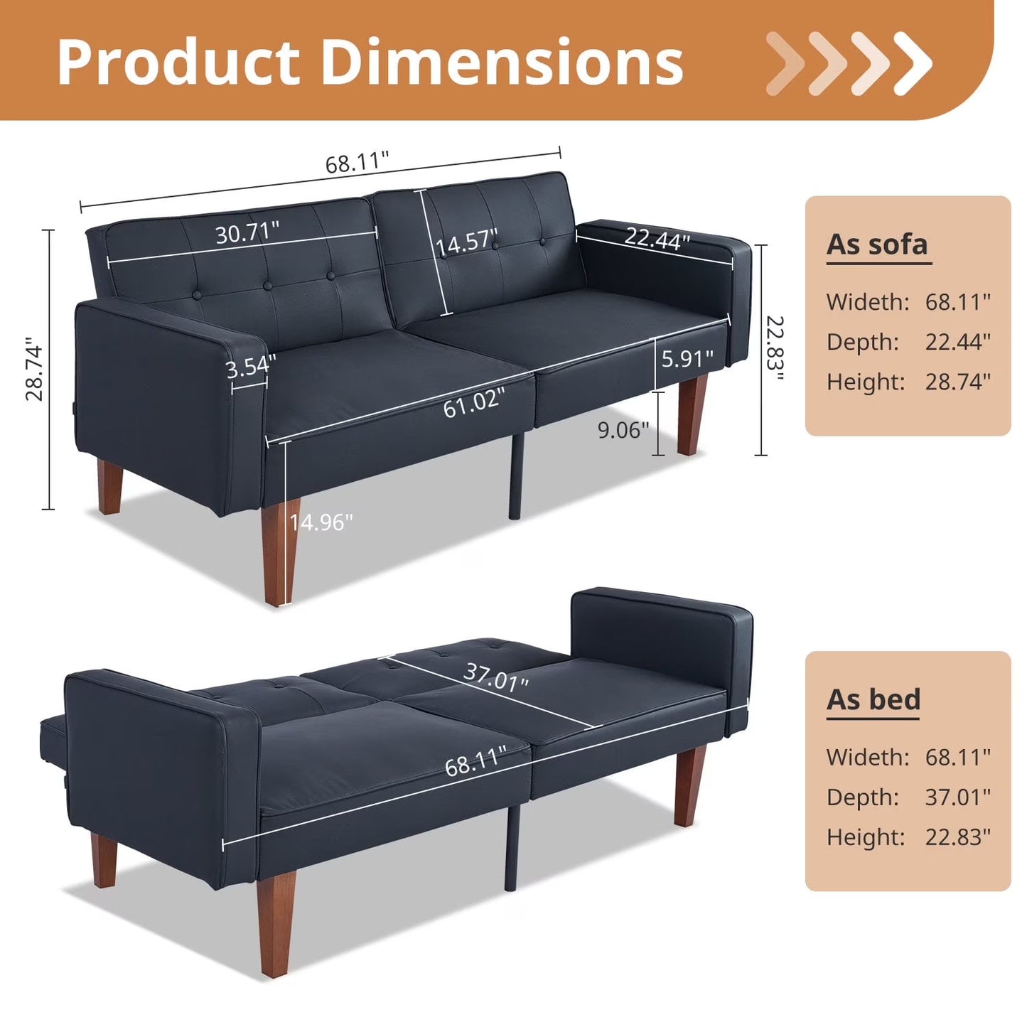 Modern Sofa, Convertible Memory Foam Futon Sofa Bed with Adjustable Armrests and Backrest,Gray