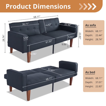Modern Sofa, Convertible Memory Foam Futon Sofa Bed with Adjustable Armrests and Backrest,Gray
