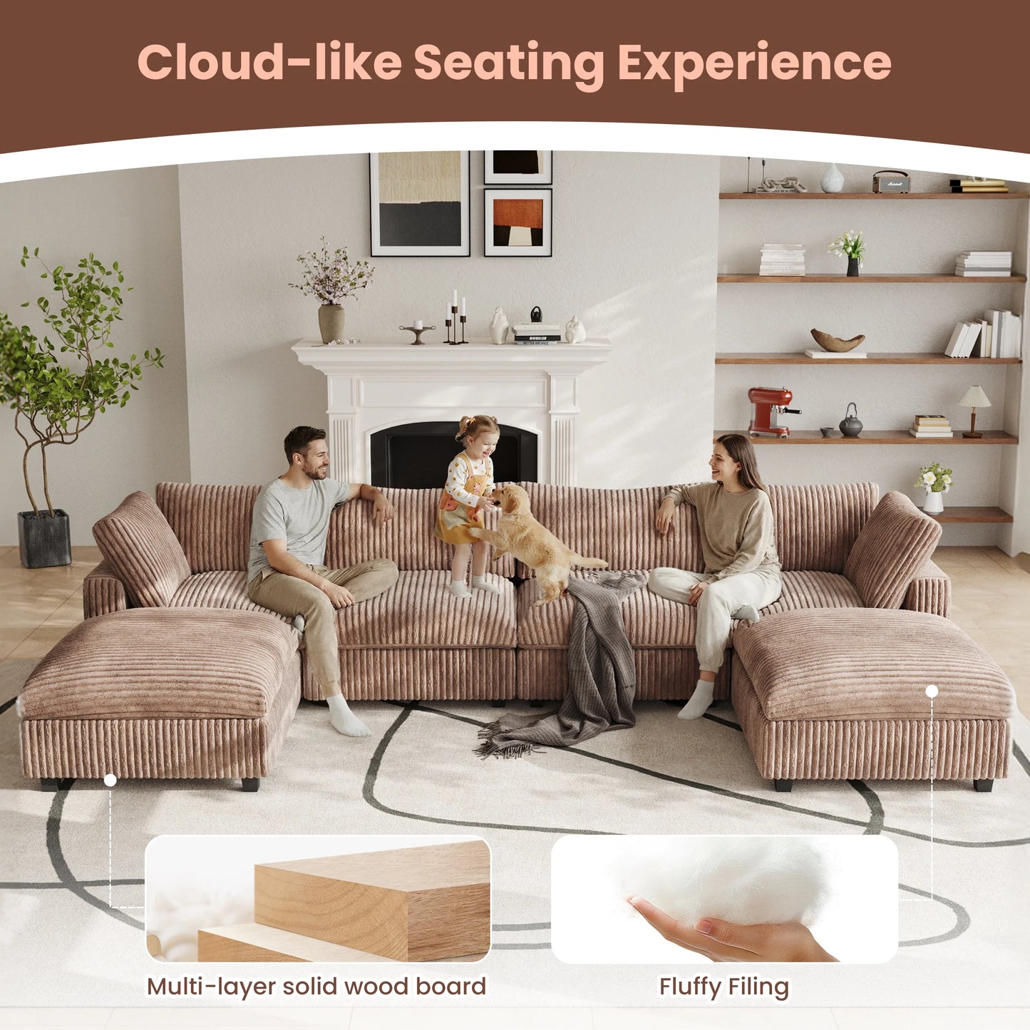 Modular Sectional Sofa,Oversized U Shaped Sofa with Ottomans,Plush Deep Seat Cloud Sofa Couch for Living Room,Apartment, Couch Cushion Covers Removable ( Brown, 4 Seat with 2 Ottomans)