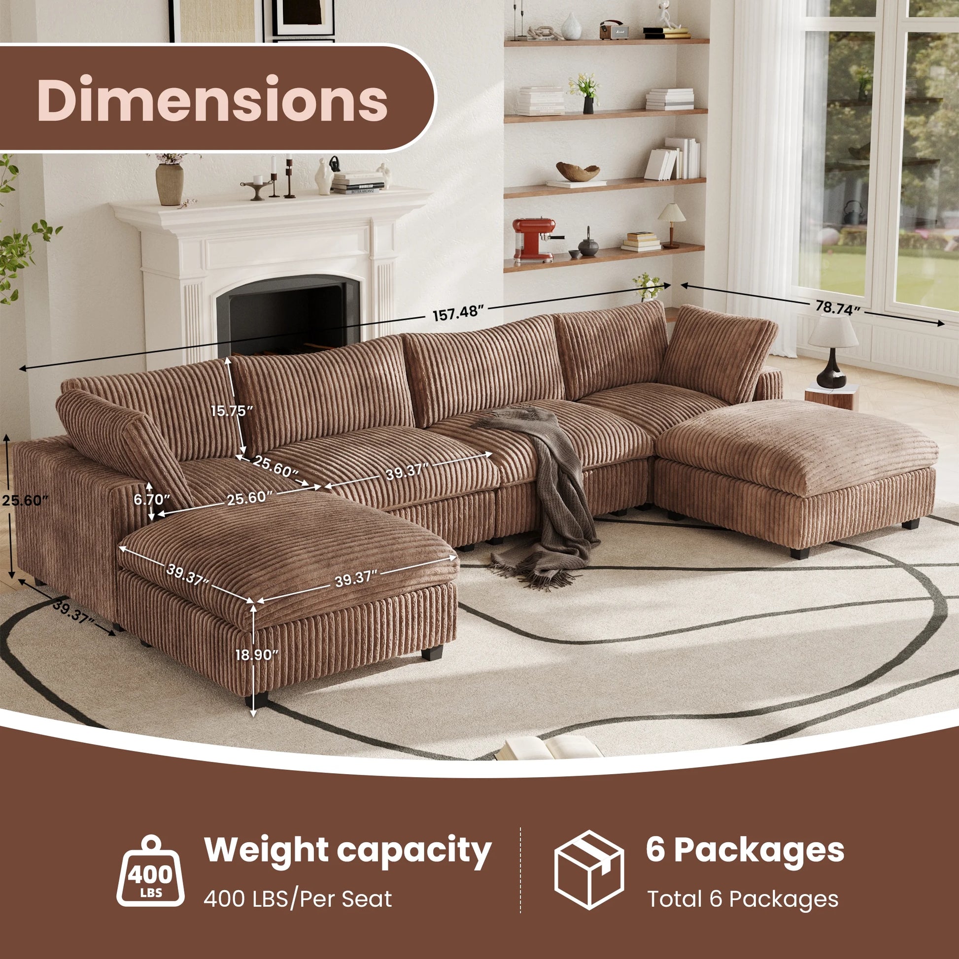 Modular Sectional Sofa,Oversized U Shaped Sofa with Ottomans,Plush Deep Seat Cloud Sofa Couch for Living Room,Apartment, Couch Cushion Covers Removable ( Brown, 4 Seat with 2 Ottomans)