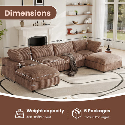Modular Sectional Sofa,Oversized U Shaped Sofa with Ottomans,Plush Deep Seat Cloud Sofa Couch for Living Room,Apartment, Couch Cushion Covers Removable ( Brown, 4 Seat with 2 Ottomans)