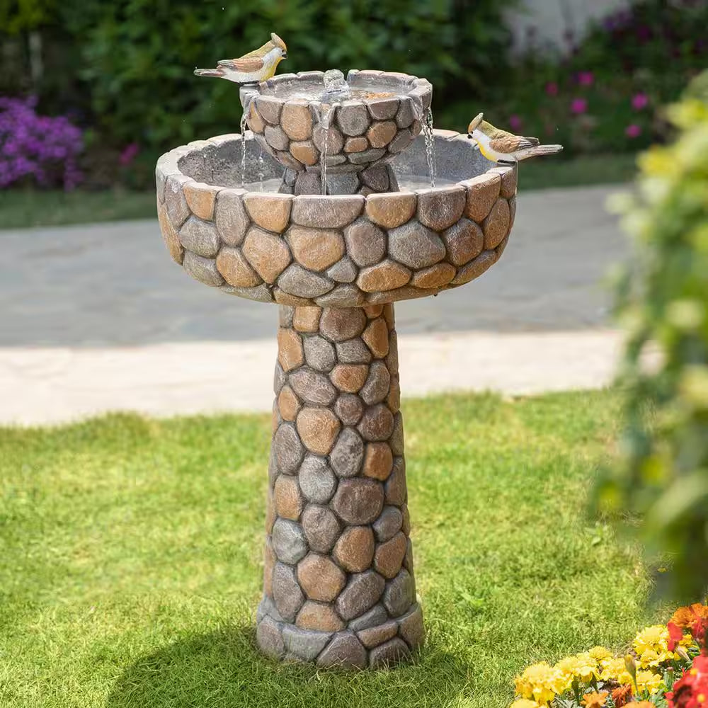 24.41 In. H Outdoor Polyresin 2-Tierd Stone-Like Birdbath Fountain