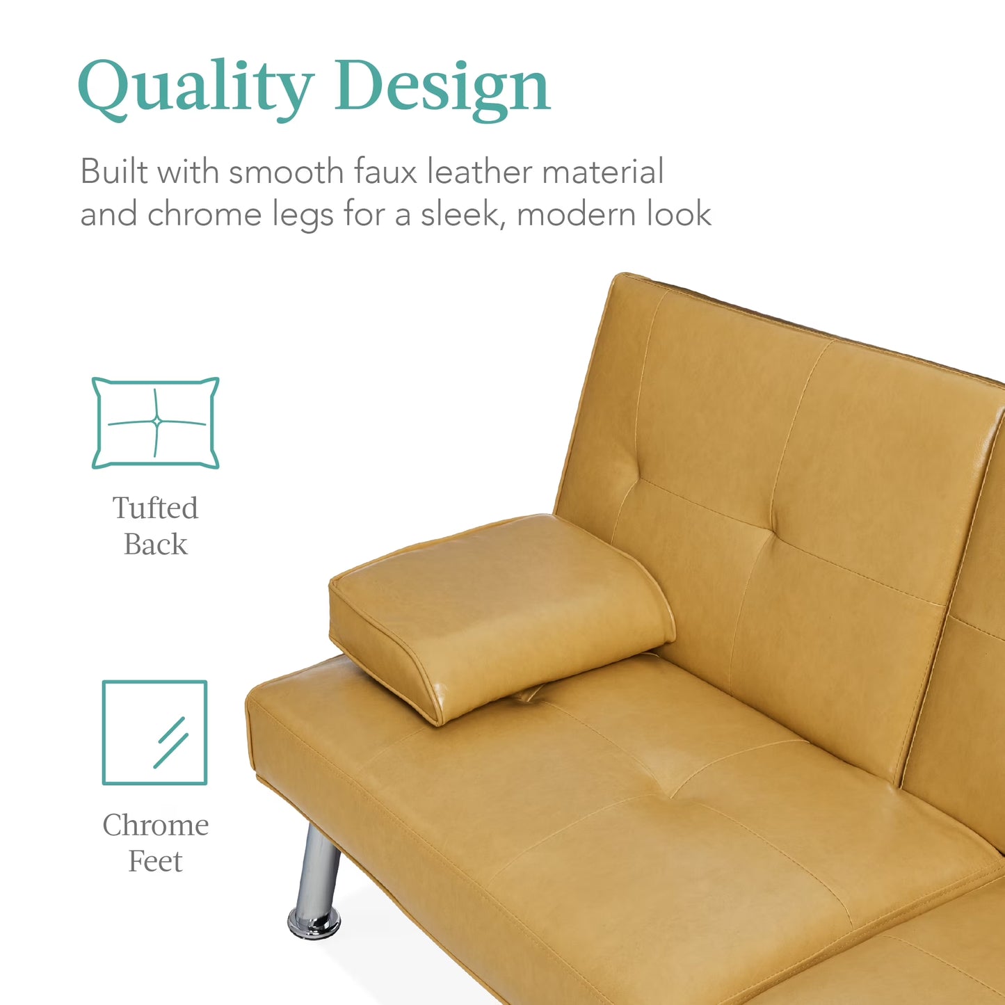 Modern Faux Leather Convertible Futon Sofa W/ Removable Armrests, 2 Cupholders - Camel Yellow