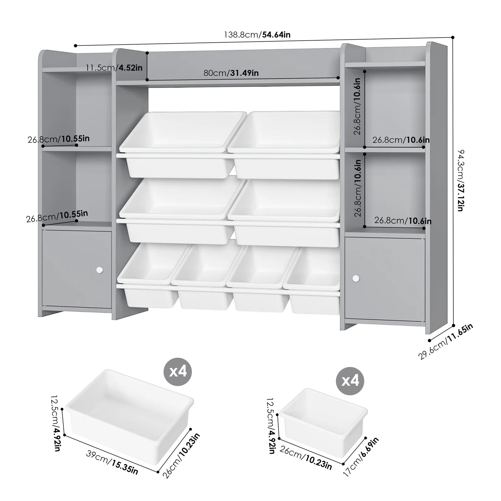 Kids Toy Organization Cubby Bookcase with 8 Bin, 2 Door Gray Storage Organizer Bookshelf for Children Room Playroom