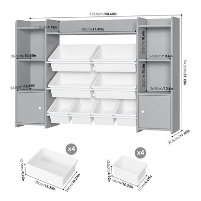 Kids Toy Organization Cubby Bookcase with 8 Bin, 2 Door Gray Storage Organizer Bookshelf for Children Room Playroom