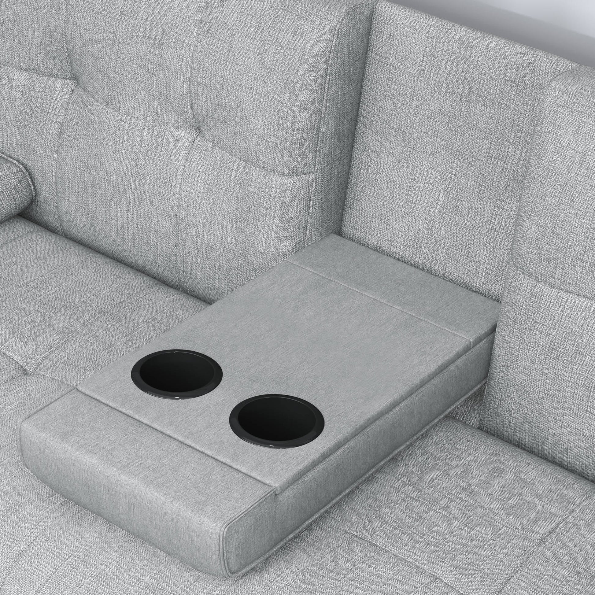 Modern Wood Convertible Futon Frame with Cupholders, Light Gray