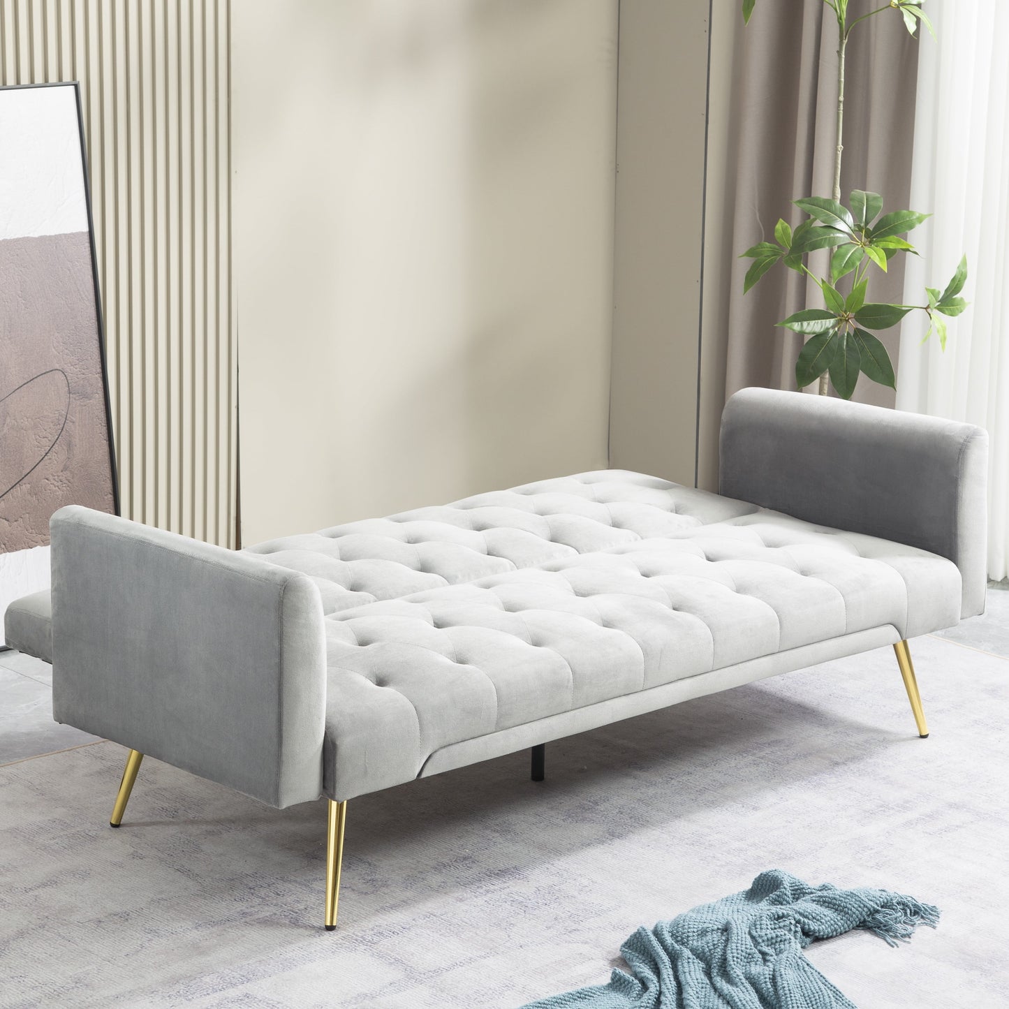71 Inches Velvet Futon Sofa Bed with 2 Pillows,Modern Convertible Futon Couch with 3 Adjustable Backrest Angles and Gold Metal Feet,Suitable for Apartment,Living Room,Small Space,Gray