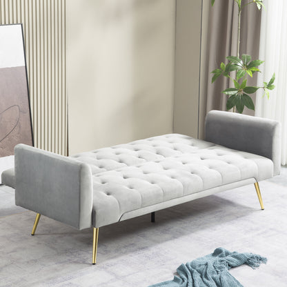 71 Inches Velvet Futon Sofa Bed with 2 Pillows,Modern Convertible Futon Couch with 3 Adjustable Backrest Angles and Gold Metal Feet,Suitable for Apartment,Living Room,Small Space,Gray