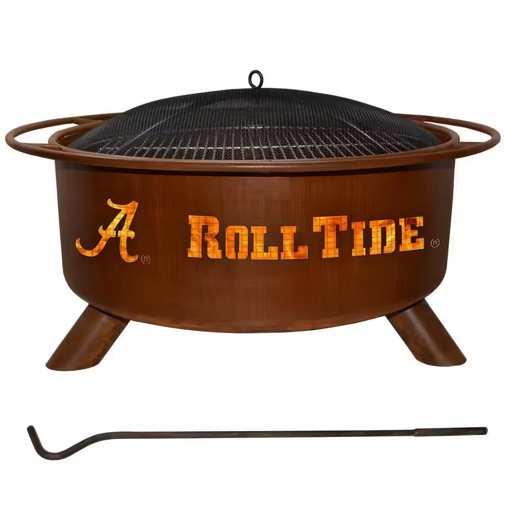 Alabama 29 In. X 18 In. round Steel Wood Burning Rust Fire Pit with Grill Poker Spark Screen and Cover