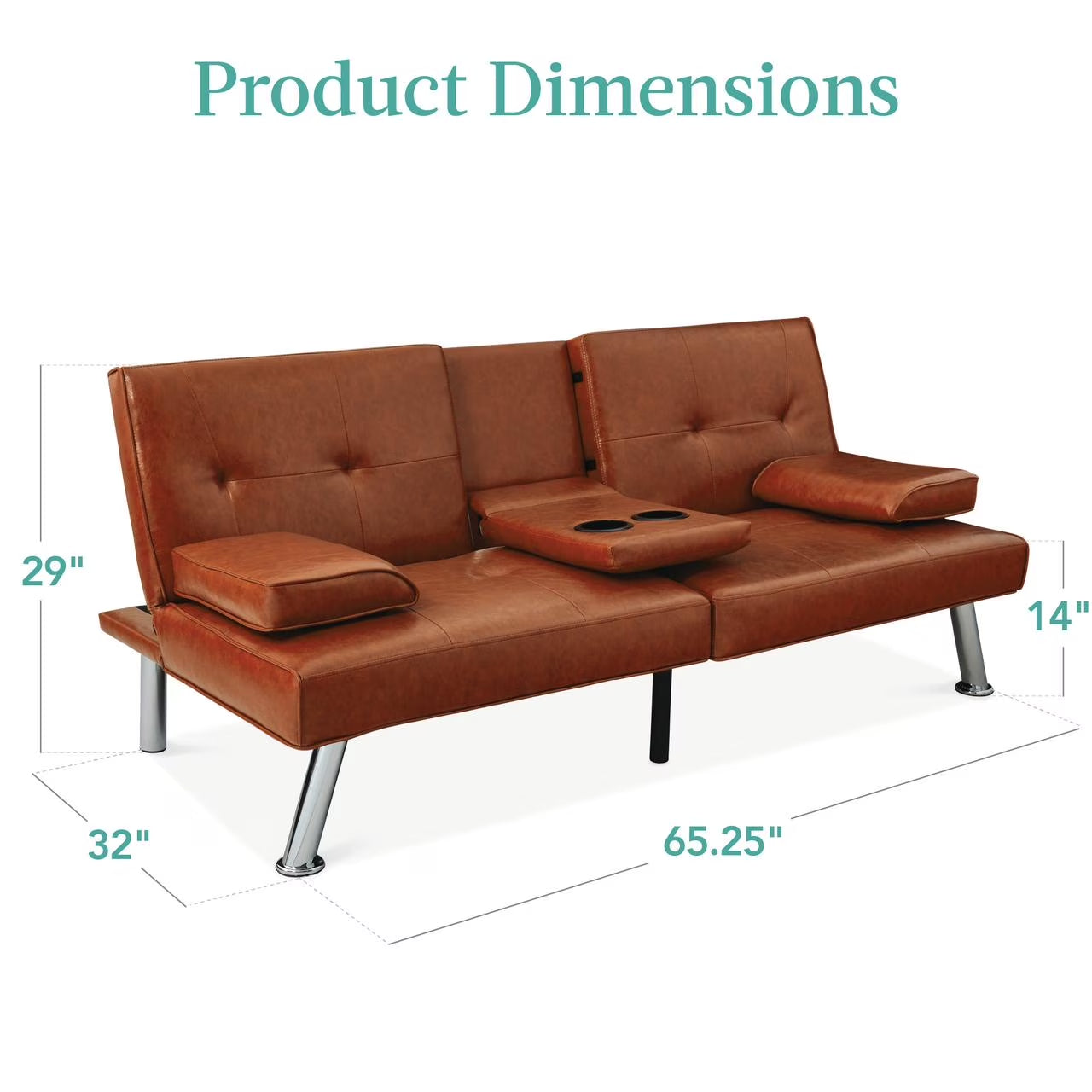 Modern Faux Leather Convertible Futon Sofa W/ Removable Armrests, 2 Cupholders - Medium Brown