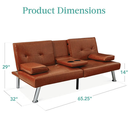 Modern Faux Leather Convertible Futon Sofa W/ Removable Armrests, 2 Cupholders - Medium Brown
