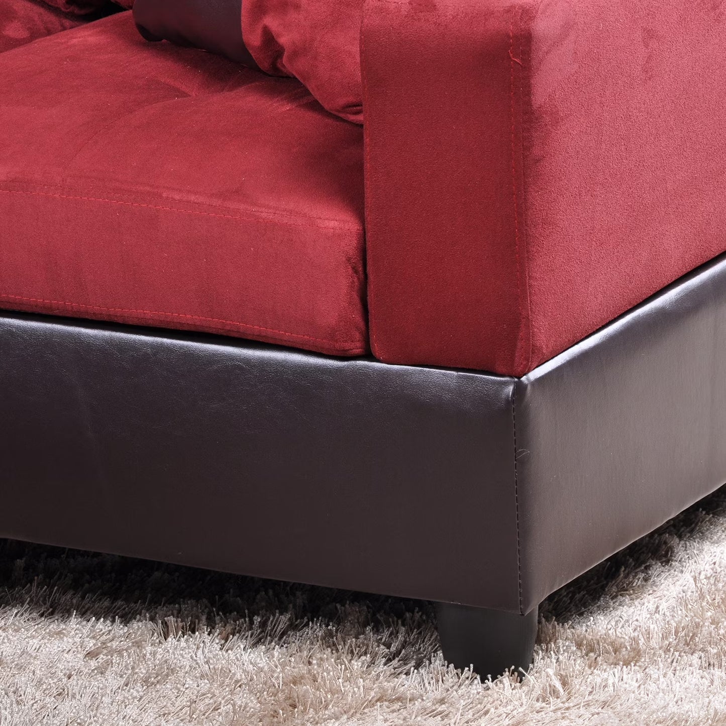 Flannel and PVC Sectional Sofa Couch Living Room Furniture Sets, Modern L Shaped Sectional Sofa Set, Red(No Ottoman)
