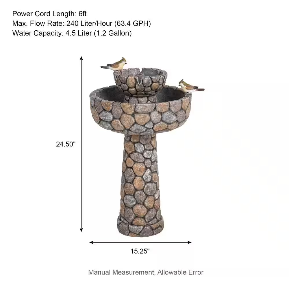 24.41 In. H Outdoor Polyresin 2-Tierd Stone-Like Birdbath Fountain