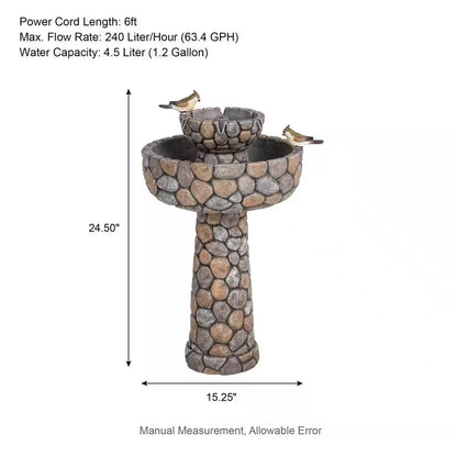 24.41 In. H Outdoor Polyresin 2-Tierd Stone-Like Birdbath Fountain