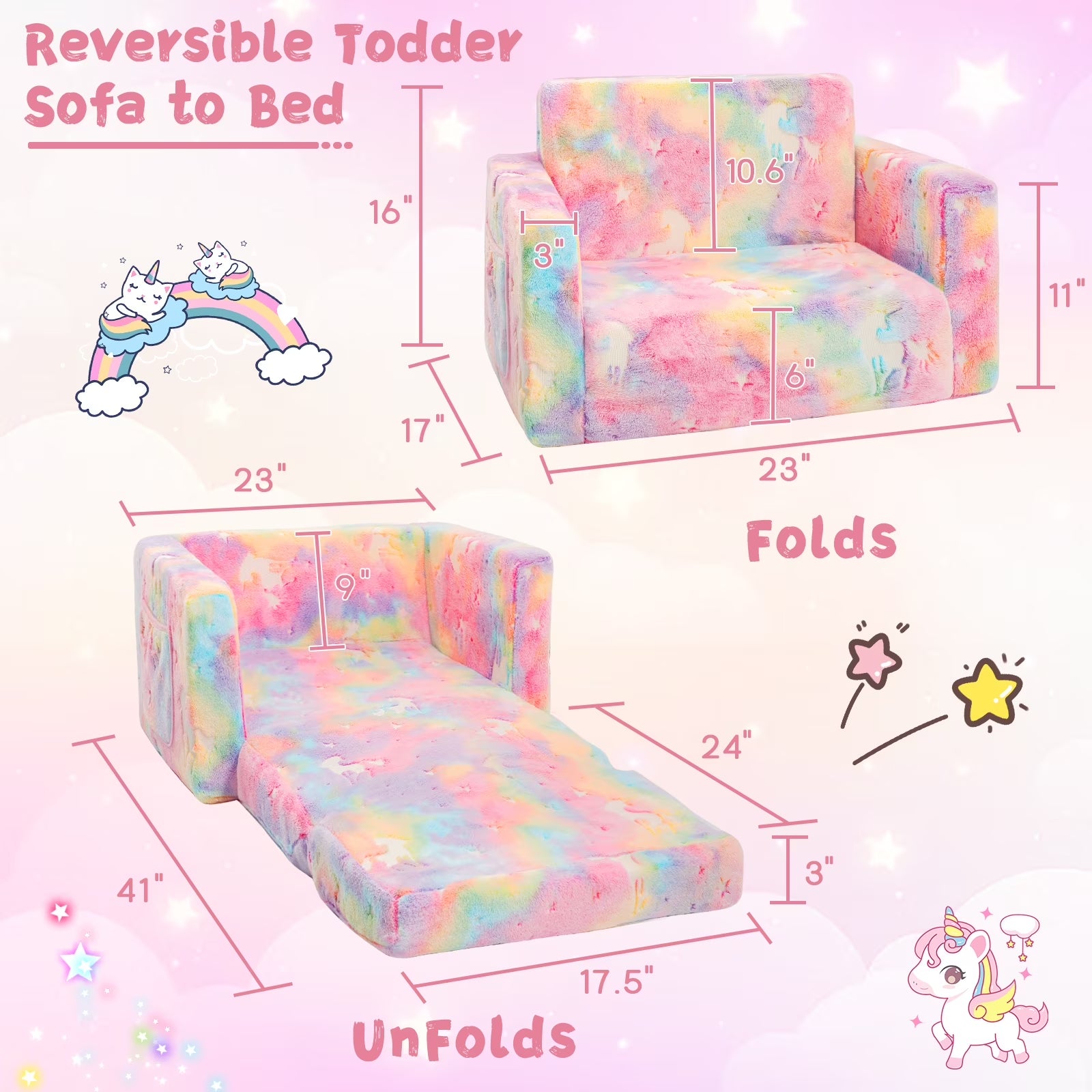 Glow-In-The-Dark Unicorn Toddler Sofa, 2-In-1 Foldable Plush Chair & Lounger for Kids Boys & Girls, Removable Washable Cover
