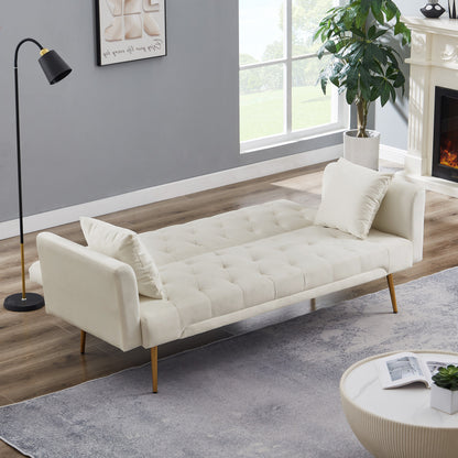 71 Inches Velvet Futon Sofa Bed with 2 Pillows,Modern Convertible Futon Couch with 3 Adjustable Backrest Angles and Gold Metal Feet,Suitable for Apartment,Living Room,Small Space,Beige