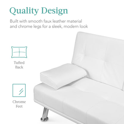 Modern Faux Leather Convertible Futon Sofa W/ Removable Armrests, 2 Cupholders - White