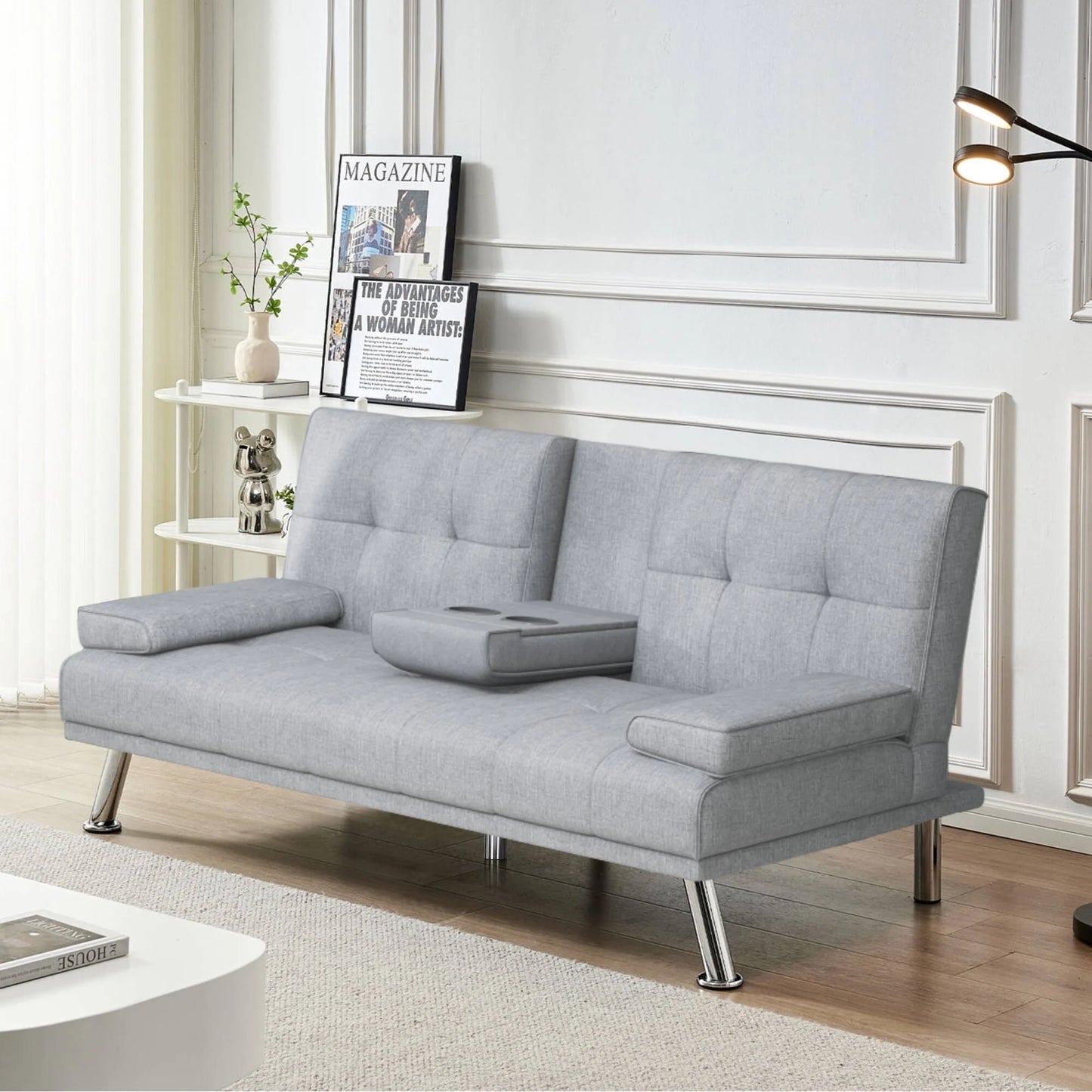 Modern Wood Convertible Futon Frame with Cupholders, Light Gray