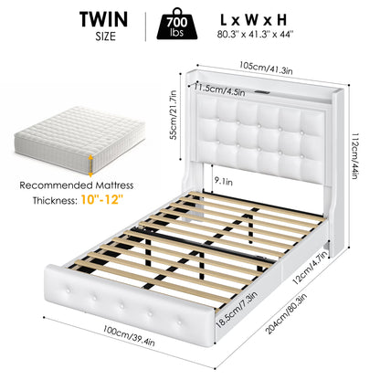 Twin Size Floating Bed with LED Lights Charging Station, Modern PU Upholstered Platform Bed with Storage Headboard, White