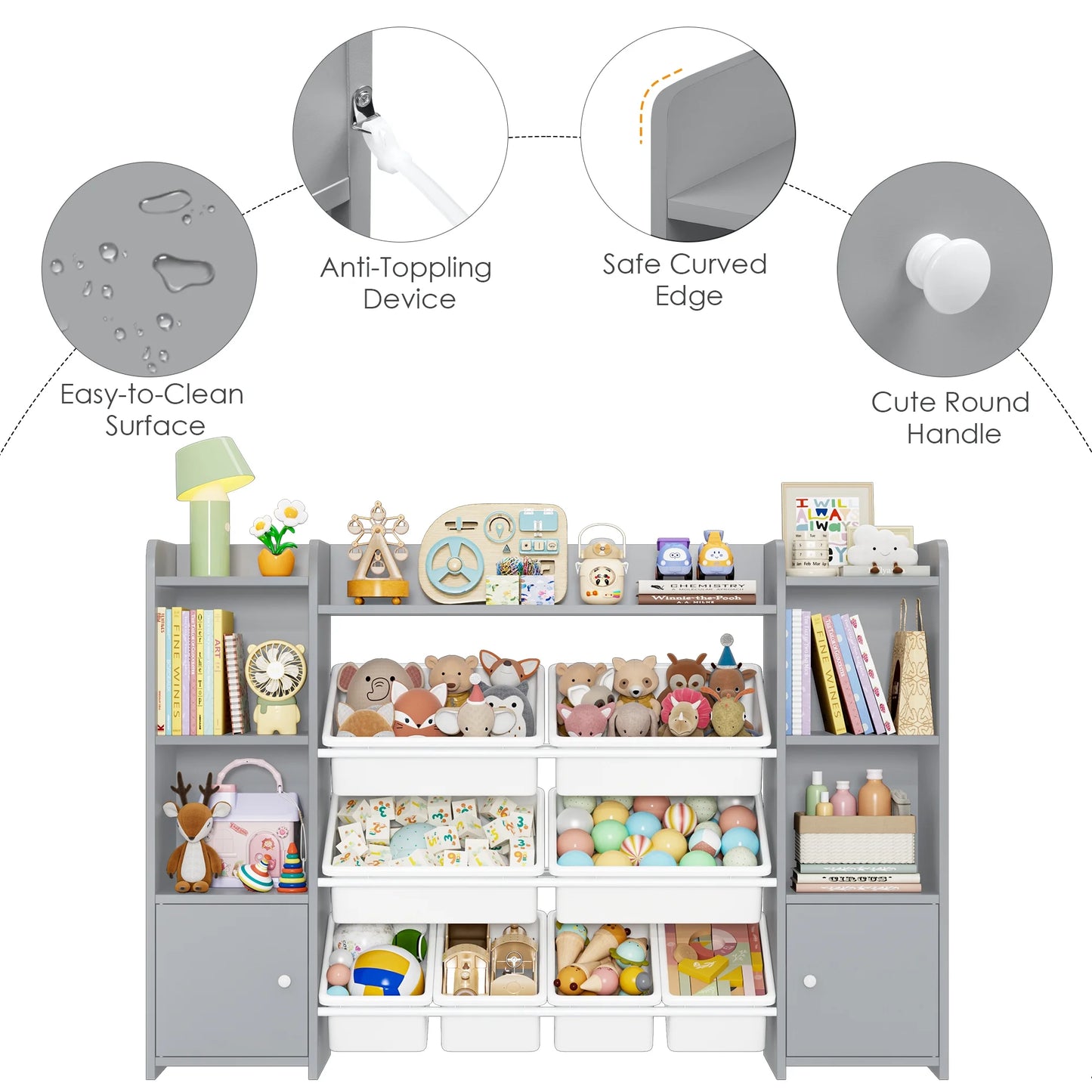 Kids Toy Organization Cubby Bookcase with 8 Bin, 2 Door Gray Storage Organizer Bookshelf for Children Room Playroom