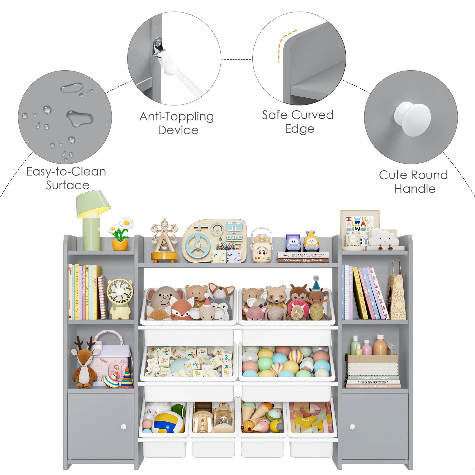 Kids Toy Organization Cubby Bookcase with 8 Bin, 2 Door Gray Storage Organizer Bookshelf for Children Room Playroom