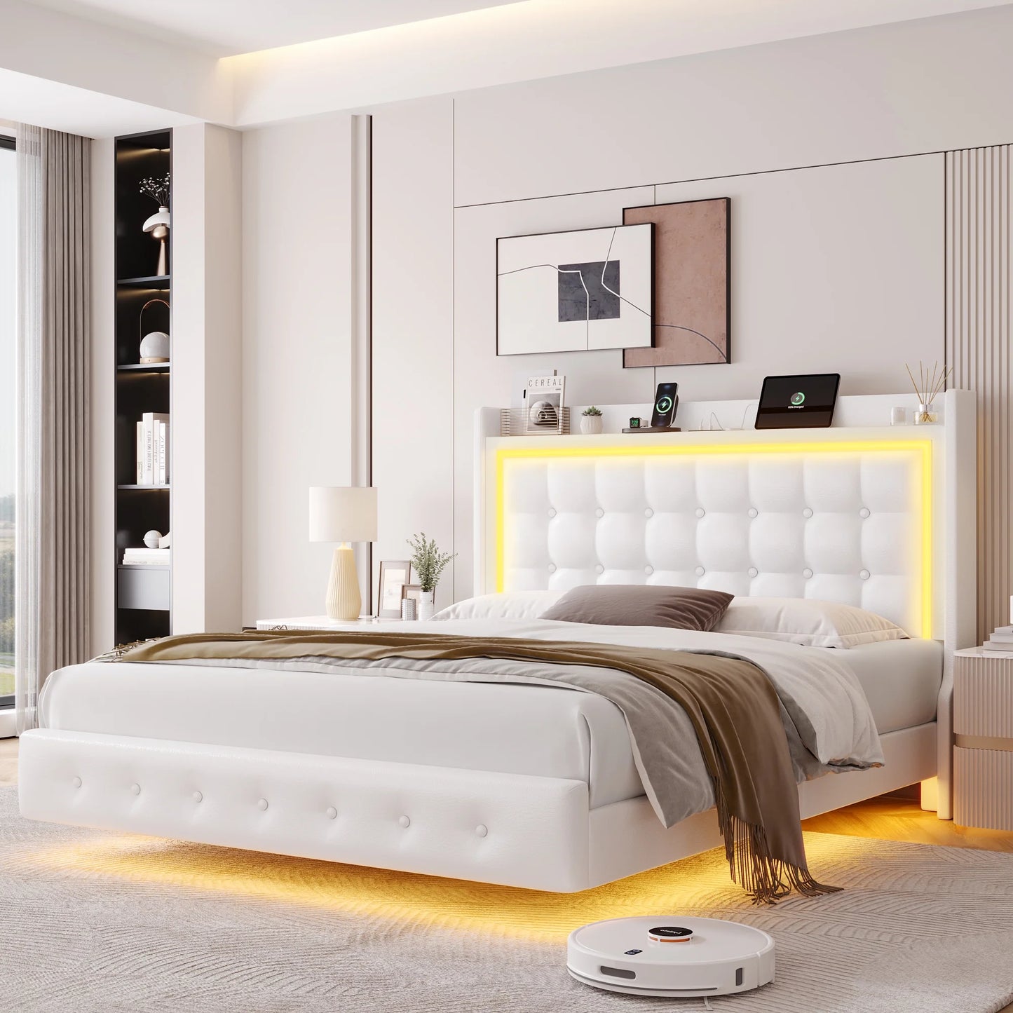 Queen Size Floating Bed with LED Lights Charging Station, Modern PU Upholstered Platform Bed with Storage Headboard, White