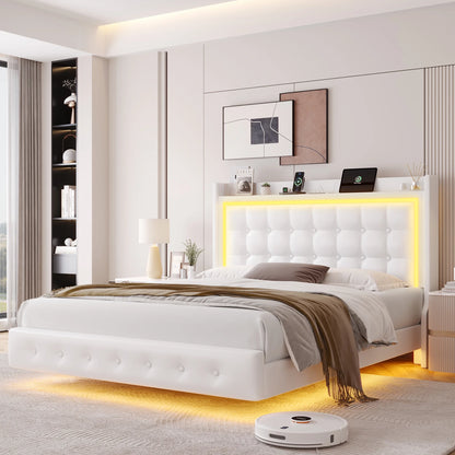 Queen Size Floating Bed with LED Lights Charging Station, Modern PU Upholstered Platform Bed with Storage Headboard, White